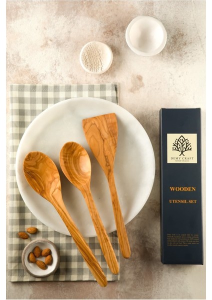 Luxury Zeytin Ağacı El Yapımı 3 Parça Tahta Kaşık Spatula Seti Büyük Boy 1 Adet