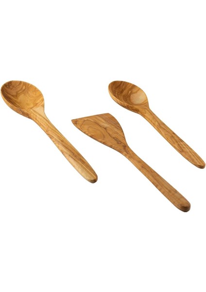 Luxury Zeytin Ağacı El Yapımı 3 Parça Tahta Kaşık Spatula Seti Büyük Boy 1 Adet