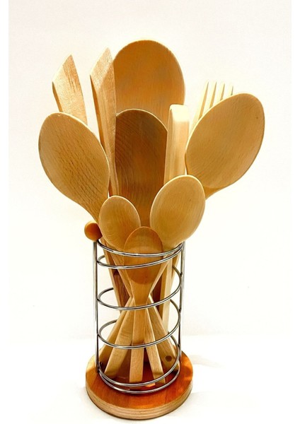 Luxury 11 Parça Yağlı Kayın Ahşap Kaşık Tahta Spatula Servis Kepçe Ağaç Çatal Maşa Seti-Metal Standlı 1 Adet