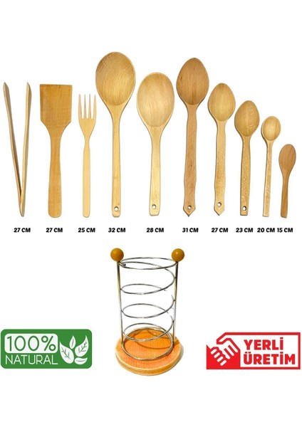 Luxury 11 Parça Yağlı Kayın Ahşap Kaşık Tahta Spatula Servis Kepçe Ağaç Çatal Maşa Seti-Metal Standlı 1 Adet