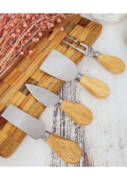 Luxury Peynir Bıçağı Seti 4 Adet Bambu Saplı Paslanmaz Çelik 1 Adet