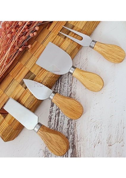 Luxury Peynir Bıçağı Seti 4 Adet Bambu Saplı Paslanmaz Çelik 1 Adet