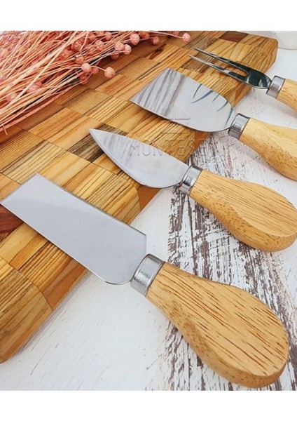 Luxury Peynir Bıçağı Seti 4 Adet Bambu Saplı Paslanmaz Çelik 1 Adet