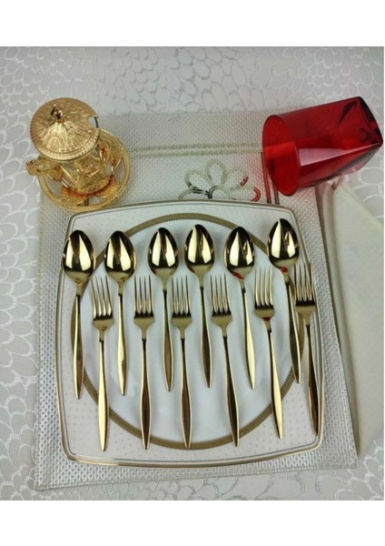 Luxury Dmr Life Titanyum Gold 6 Adet Tatlı Kaşık 6 Adet Tatlı Catal 1 Adet
