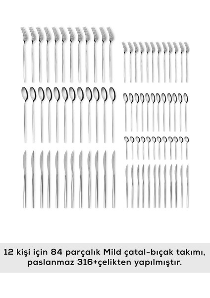 Luxury Mild 316 Çelik 84 Parça 12 Kişilik Premium Çatal Kaşık Bıçak Takımı 1 Adet modelleri