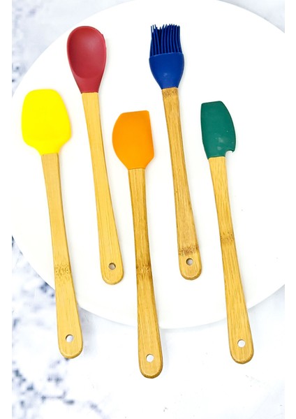 Luxury Bambu Saplı 5'li Mini Boy Silikon Kaşık,spatula Fırçalı Seti 1 Adet