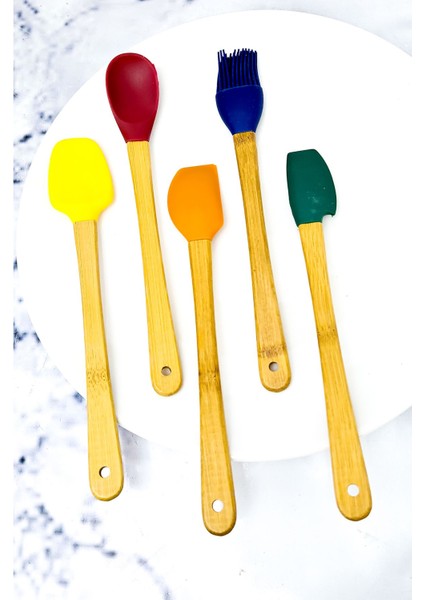 Luxury Bambu Saplı 5'li Mini Boy Silikon Kaşık,spatula Fırçalı Seti 1 Adet