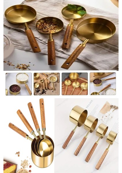 Luxury 4 Adet Büyük Boy Paslanmaz Çelik Ahşap Saplı Ölçü Kaşığı Seti Ölçü Kabı 60ML 80ML 125ML 250ML 1 Adet