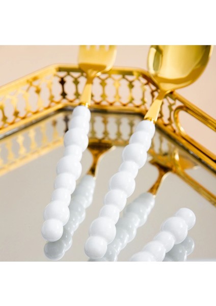Luxury 6 Adet Beyaz Plastik Inci Taş Detaylı Gold Tatlı Kaşık Takımı | 6 Parça Lüks Tatlı Kaşık Takımı 1 Adet