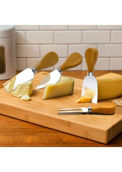 Luxury Bambu Saplı 4’lü Çelik Peynir Bıçağı Seti-Mini Bıçak, Tereyağı Bıçağı, Spatula ve Çatal 1 Adet
