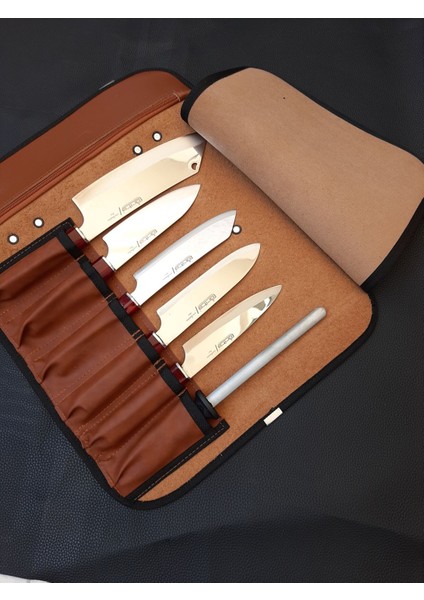 Luxury Kahverengi[taba ] Chef Roll Bag Deri Bıçak Çantası 6 Saklama Gözlü 1 Adet modelleri