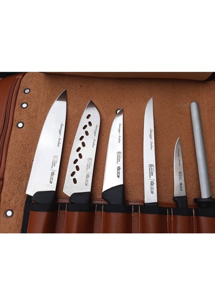 Luxury Kahverengi[taba ] Chef Roll Bag Deri Bıçak Çantası 6 Saklama Gözlü 1 Adet fırsatları