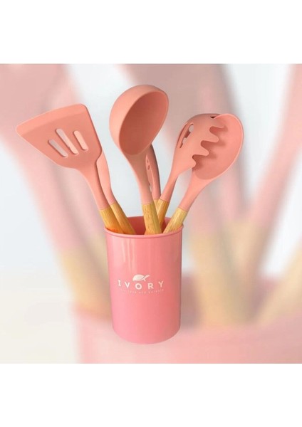 Luxury Ivory Bambu Saplı Slıkon 6 Lı Kepçe Seti ( Kova Kaşık,kepçe,kevgir,spatula,salata Kaşiği) 1 Adet