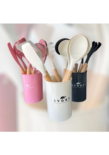 Luxury Ivory Bambu Saplı Slıkon 6 Lı Kepçe Seti ( Kova Kaşık,kepçe,kevgir,spatula,salata Kaşiği) 1 Adet modelleri