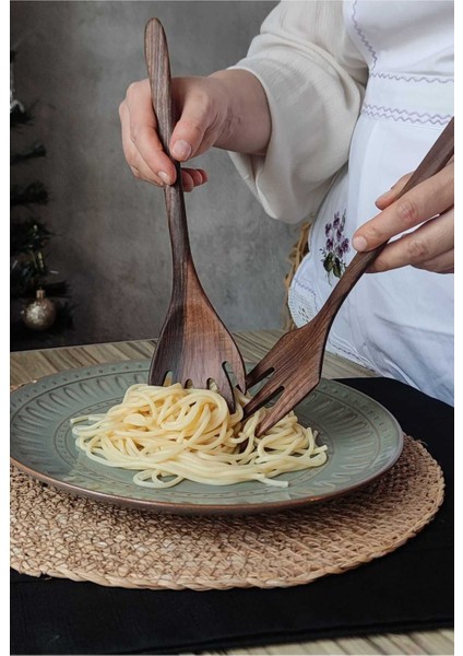 Luxury Ahşap Salata Karıştırma Çatal Takımı, Salata Servis Takımı, Spagetti/makarna Servis Takımı 2'li 1 Adet