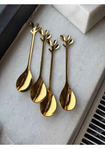 Luxury 1 Adet Yaprak Titanyum Gold Çay Kaşığı - Kararmaz Gold Çay Kahve Şeker Baharat Kaşığı 1 Adet