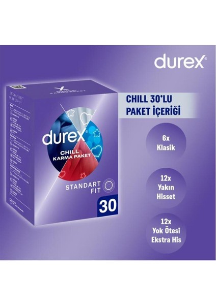 Chill Karma Prezervatif 30'lu, Ekstra Avantaj Paketi (Yok Ötesi X12, Yakın Hisset X12, Klasik X6) 1 Adet
