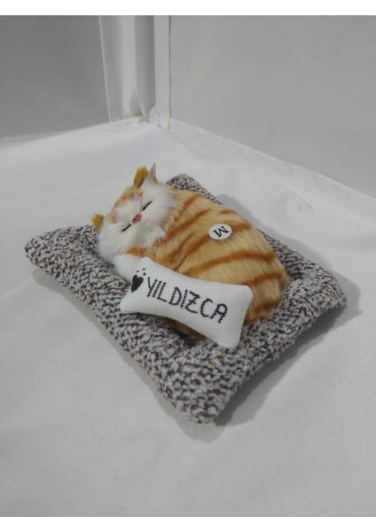 Luxury Ismini Belirlediğiniz Yatakta Uyuyan Sevdikçe Miyavlayan Dekoratif Peluş Oyuncak Kedi 1 Adet