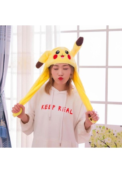 Luxury Kulakları Hareket Eden LED Işıklı Pokemon Go Pikachu Kulaklı Şapka & Peluş Oyuncak Tiktok Şapka 50CM 1 Adet