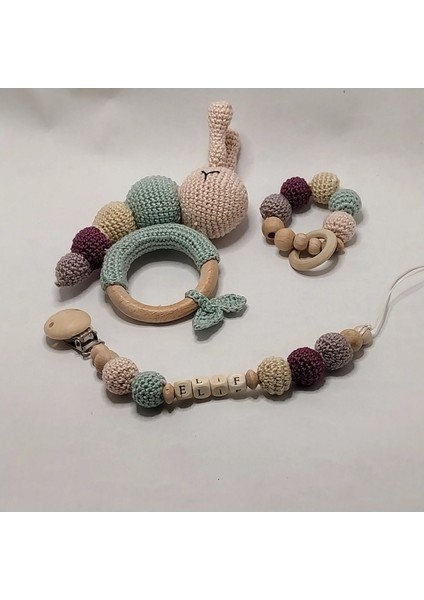 Luxury Baby Bliss %100 Organik Amigurumi Tirtil Dis Kasiyici ve Dogal Ahsap Emzik Zinciri 1 Adet