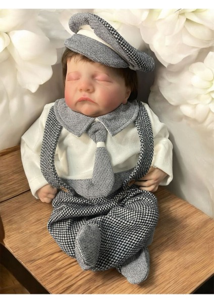 Luxury Reborn Bebek Gerçek Saçlı Takımelbiseli Vinil Silikon Et Oyuncak Bebek 8 Parça Hediyeli 1 Adet