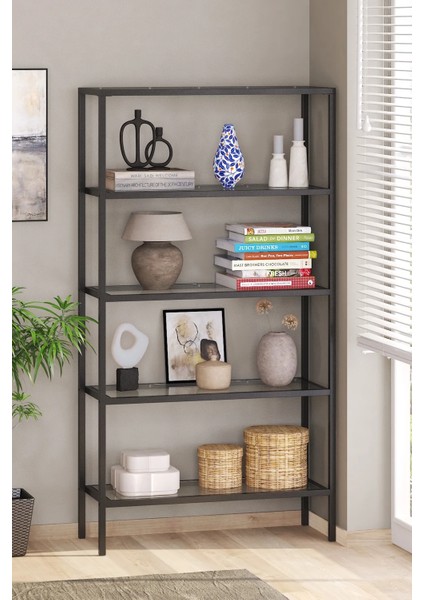 Devin Dekor Modern 5 Katlı Siyah Renk Metal Iskeletli Cam Raflı Aksesuar Rafı Kitaplık