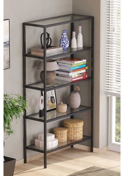 Devin Dekor Modern 5 Katlı Siyah Renk Metal Iskeletli Cam Raflı Aksesuar Rafı Kitaplık fiyatları