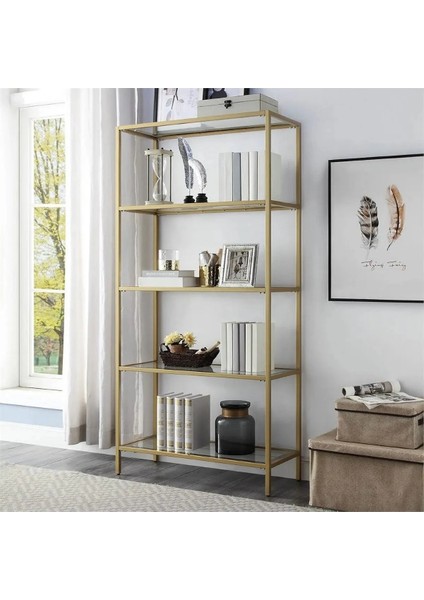 Devin Dekor Modern 5 Katlı Siyah Renk Metal Iskeletli Cam Raflı Aksesuar Rafı Kitaplık fiyatları