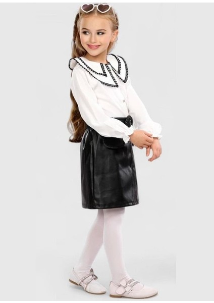Kız Çocuk Bebe Yakalı Işlemeli Gömlek ve Deri Siyah Etek Alt Üst Takım