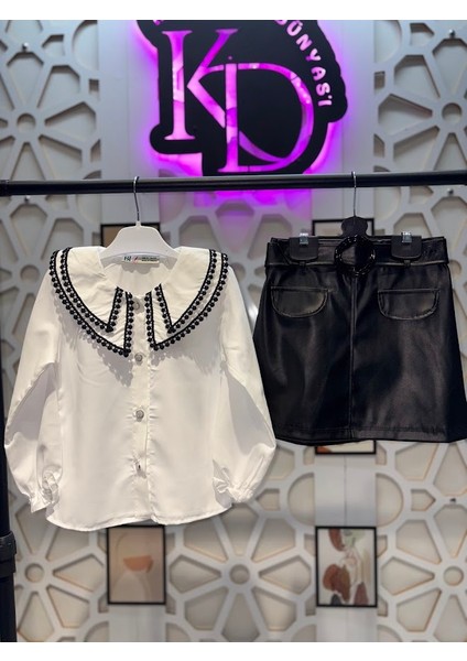 Kız Çocuk Bebe Yakalı Işlemeli Gömlek ve Deri Siyah Etek Alt Üst Takım fiyatları