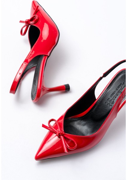 İNF-4500 Kırmızı Rugan Günlük Arkası Açık Fiyonklu Topuklu Bayan Ayakkabı fırsatları