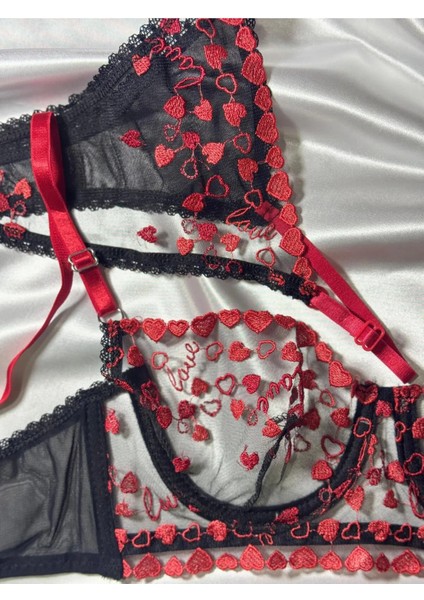 Kadın Balenli Kırmızı Kalp Desenli Siyah Bralet Sütyen&tanga Takım fiyatları