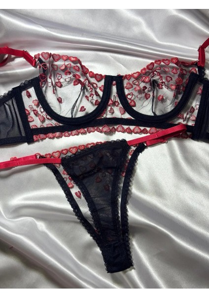 Kadın Balenli Kırmızı Kalp Desenli Siyah Bralet Sütyen&tanga Takım modelleri