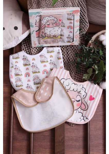 Kuzu Temalı Kare 3 Parça Microfiber Mama Önlüğü Kendi Kutusunda (Sıvı Geçirmez) Çıtçıtlı indirimleri