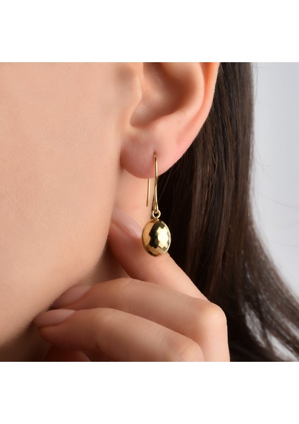 14 Ayar Altın Oval Top Sarkan Damla Gümüş Küpe - E00289