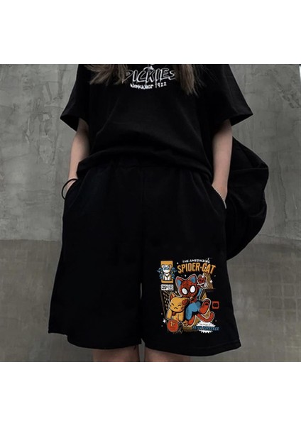 Spider-Cat Baskılı Siyah Unisex Penye Şort