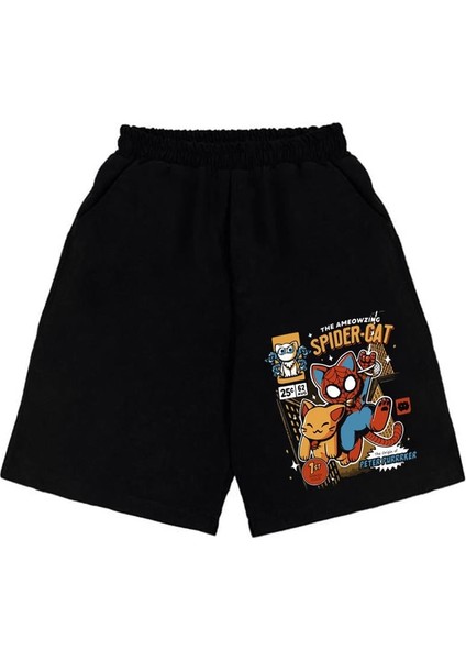 Spider-Cat Baskılı Siyah Unisex Penye Şort fiyatları
