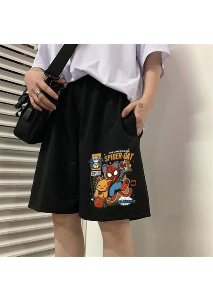 Spider-Cat Baskılı Siyah Unisex Penye Şort modelleri