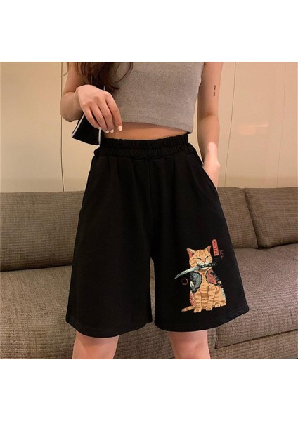 Killer Cat Baskılı Siyah Unisex Penye Şort