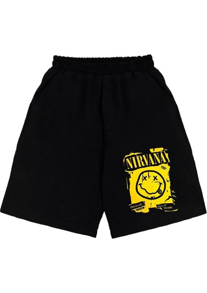 Nirvana Smile Baskılı Siyah Unisex Penye Şort fiyatları