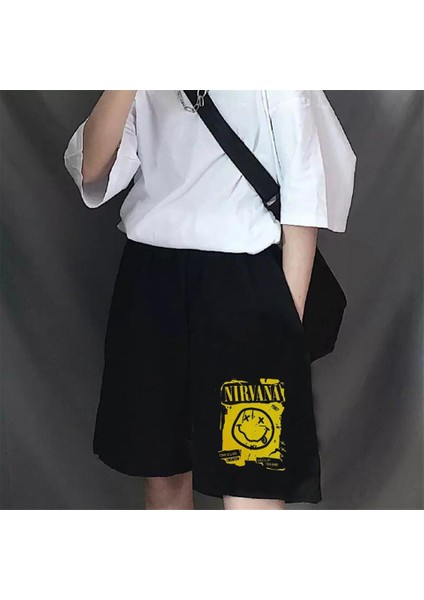 Nirvana Smile Baskılı Siyah Unisex Penye Şort