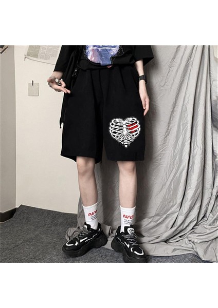 Heart Rib Baskılı Siyah Unisex Penye Şort