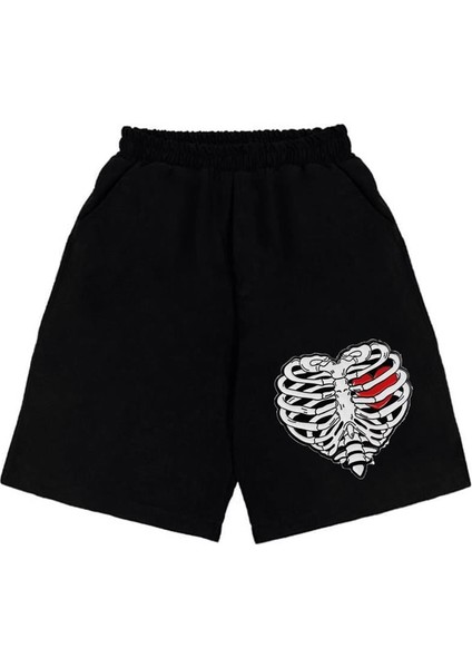 Heart Rib Baskılı Siyah Unisex Penye Şort fiyatları