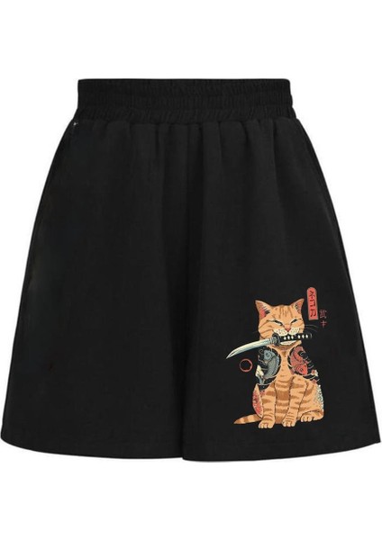 Killer Cat Baskılı Siyah Unisex Penye Şort