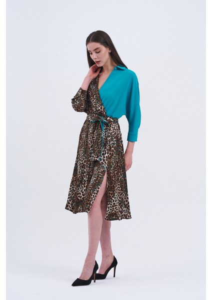 Trend Kadın Leopar Desenli ve Turkuaz Detaylı Şık Elbisemiz!