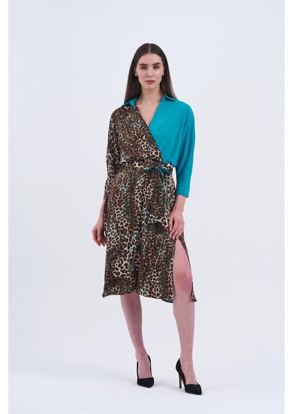 Trend Kadın Leopar Desenli ve Turkuaz Detaylı Şık Elbisemiz! fırsatları