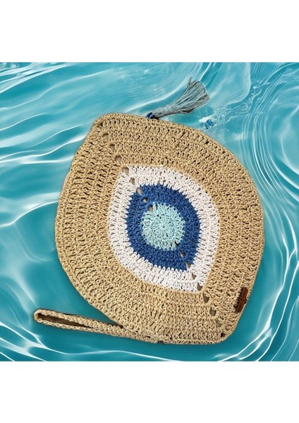 Nazar Boncuklu , El Yapımı, El Örgüsü, Clutch , Portföy Çanta, Fermuarlı, Astarlı, Mavi Püsküllü,