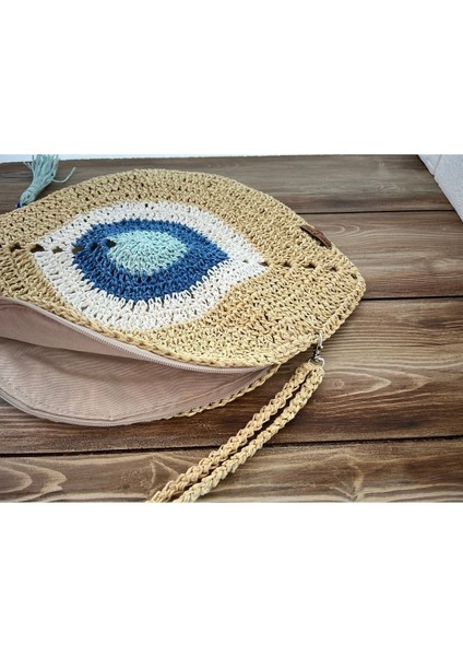 Nazar Boncuklu , El Yapımı, El Örgüsü, Clutch , Portföy Çanta, Fermuarlı, Astarlı, Mavi Püsküllü, modelleri