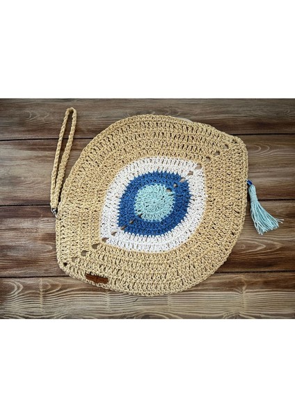 Nazar Boncuklu , El Yapımı, El Örgüsü, Clutch , Portföy Çanta, Fermuarlı, Astarlı, Mavi Püsküllü, fırsatları