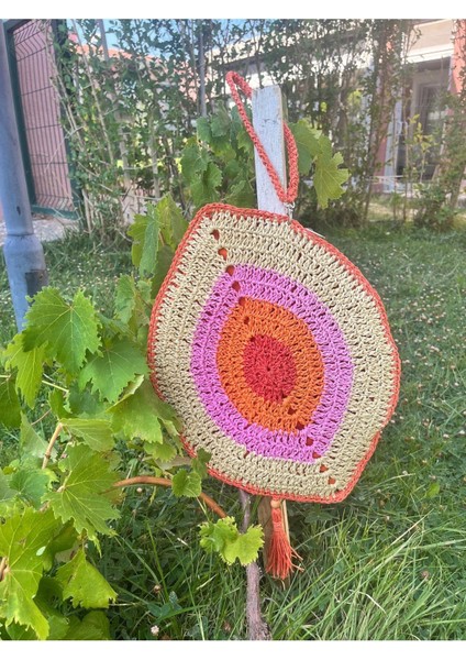 Nazar Boncuklu ,el Yapımı, El Örgüsü, Clutch ,portföy Çanta, Fermuarlı, Astarlı,nar Çiçeği Püsküllü